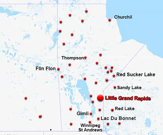Map showing the location of Little Grand Rapids in Manitoba